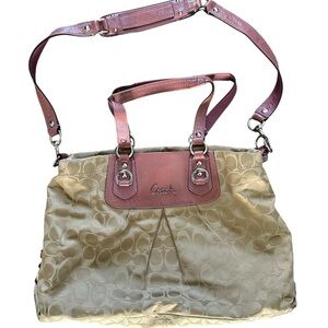 Coach Beige Signature Canvas Shoulder Bag with Lavender Trim and Lining